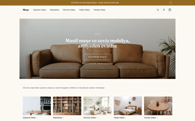 Meşe mağazasının ana sayfası (mese.shopio.dev)