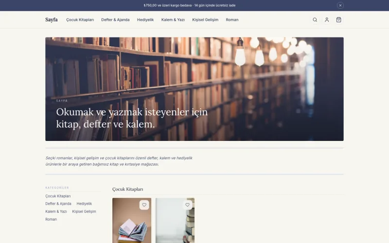 Sayfa mağazasının ana sayfası (sayfa.shopio.dev)