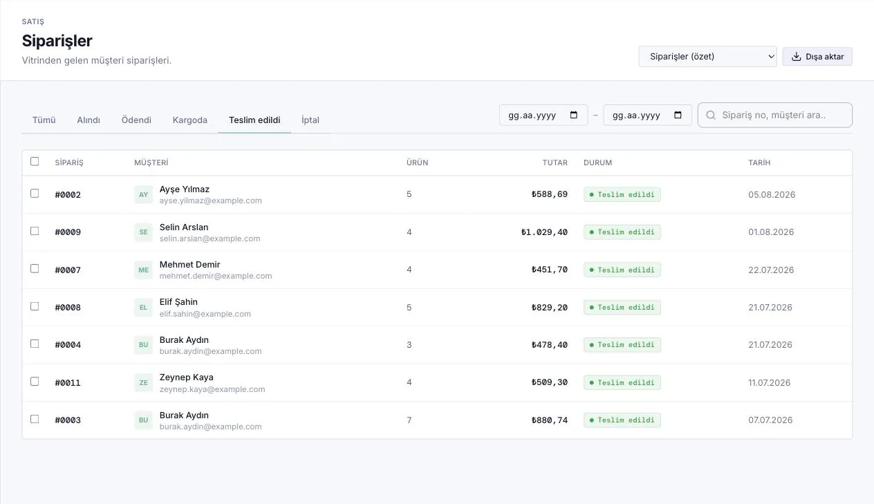 Shopio Admin Panel — Siparişler ekranı